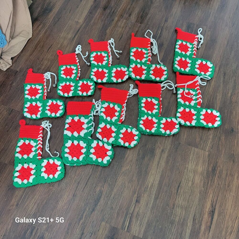 Lot of 10 Granny square Christmas stocking green red white Handmade Bells